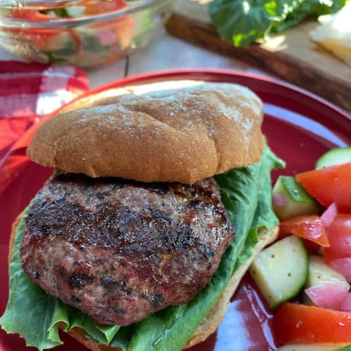 A red plate with a grilled burger on a whole wheat bun with a salad on the side