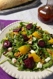 A beet salad with homemade vinaigrette dressing.