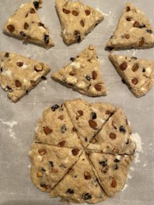 Scones on a cookie sheet before baking.