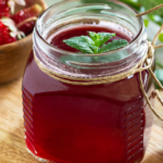 A jar of strawberry simple syrup on a wooden cutting board