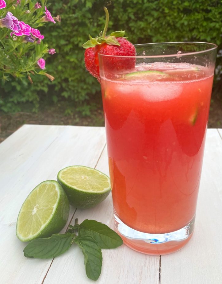 A glass of pink watermelon and lime with sparkling water on a picnic table