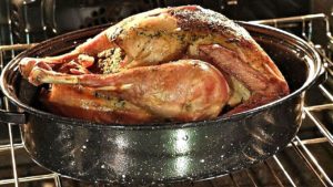 Roasted turkey in roasting pan