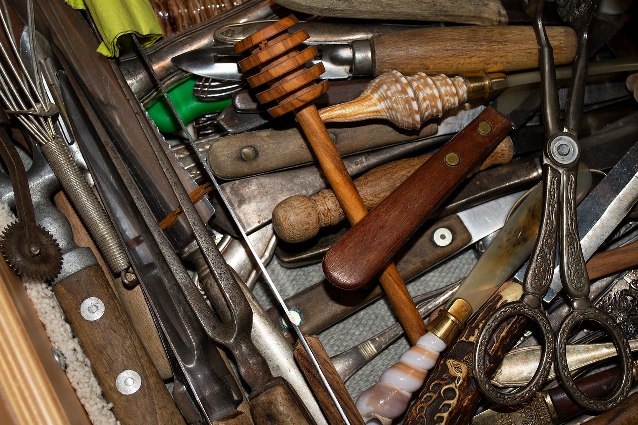 drawer of old kitchen utensils
