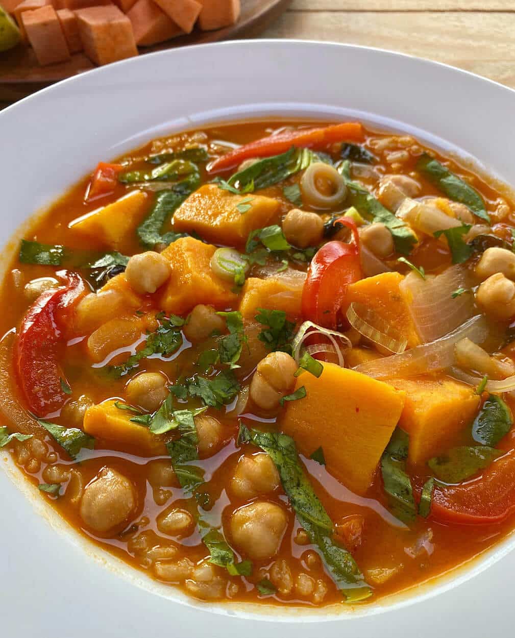 Thai Red Curry Vegetarian Soup With Sweet Potatoes and Chickpeas |