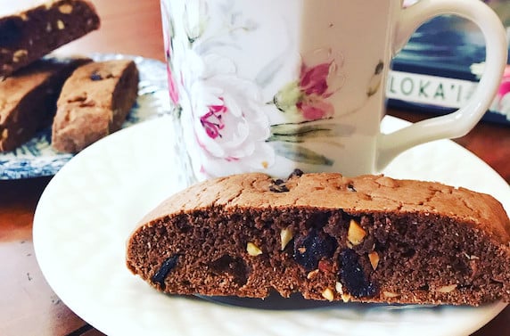 Chocolate Cherry Biscotti with a cup of tea