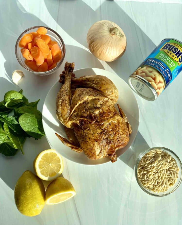 Ingredients to make Lemon Chicken Orzo Soup on a white counter