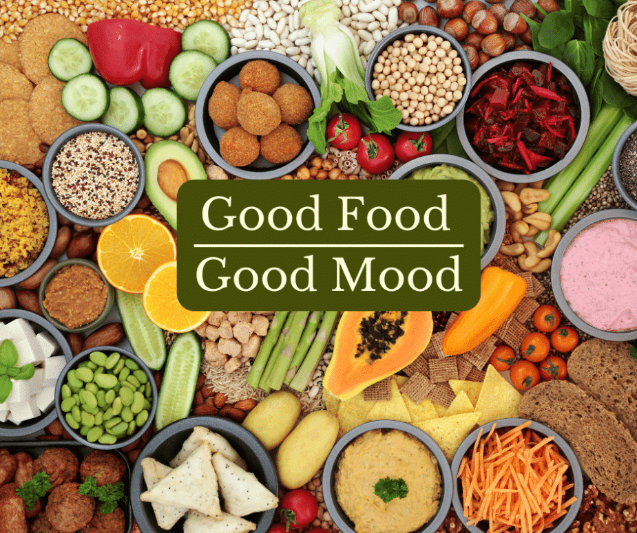 Good food can lead to a good mood. Here is a collage of fruits, vegetables, grains, beans, nuts and seeds.