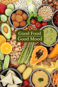 Good food can lead to a good mood. Here is a collage of fruits, vegetables, grains, beans, nuts and seeds.