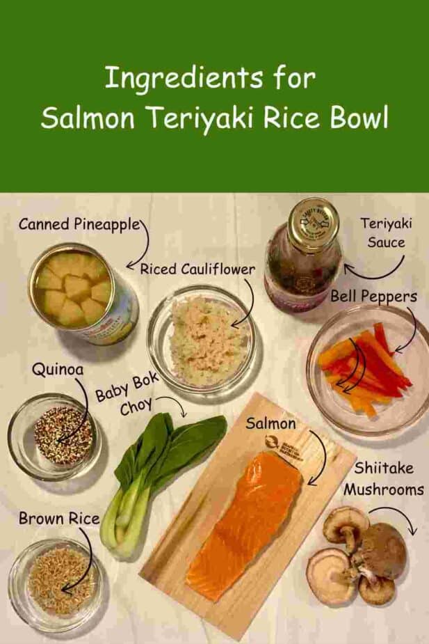 Ingredients to make the Teriyaki Salmon Rice Bowl on a marble counter.