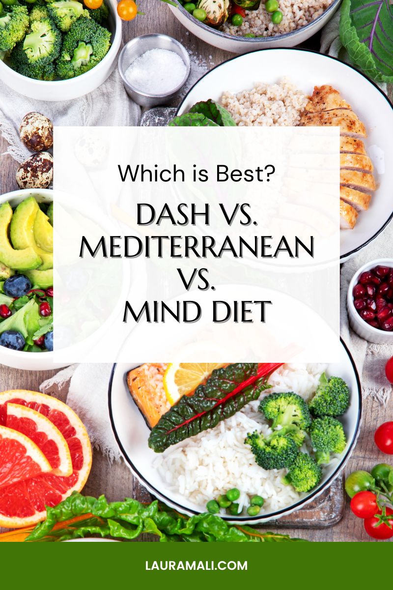 A picture with healthy food in the background and a title box in the center that asks the question, "Which is Best? DASH vs. Mediterranean vs. MIND diet"