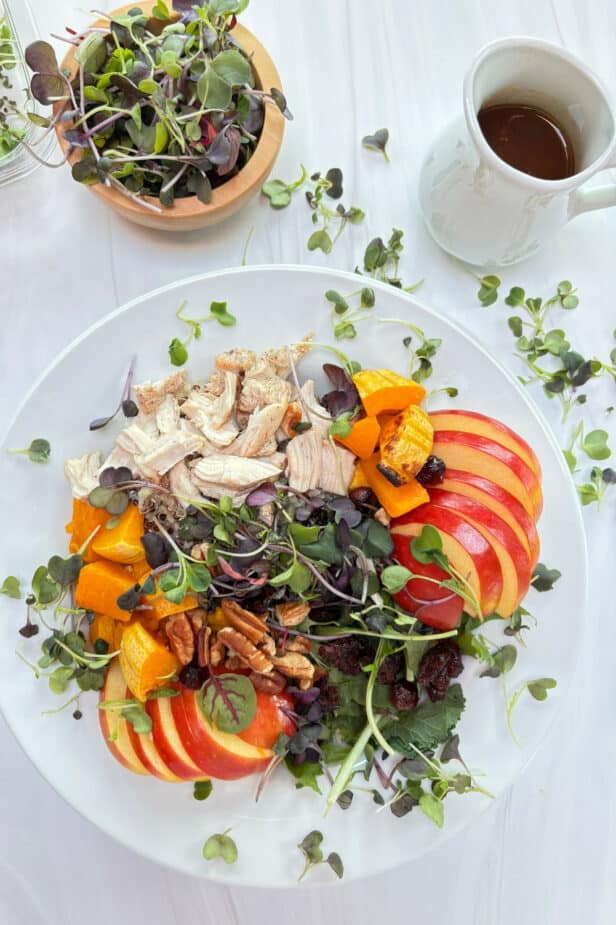 A white bowl filled with apples, roasted chicken and roasted butternut squash with rainbow microgreens scattered over the bowl and the white table.