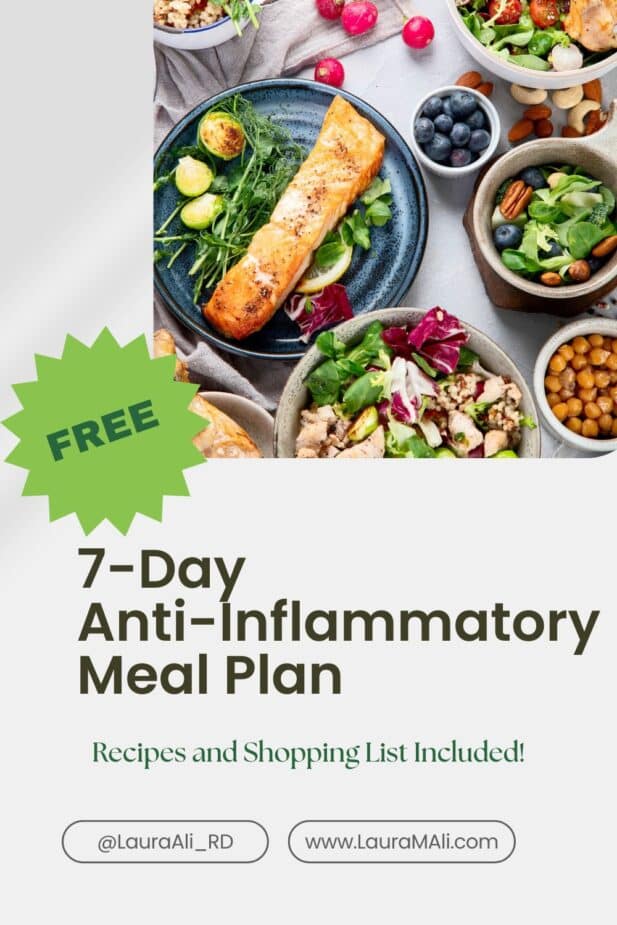 Plates and bowls filled with healthy foods that work on an anti-inflammatory diet. "Free 7- day Anti-Inflammatory Meal Plan" is typed below
