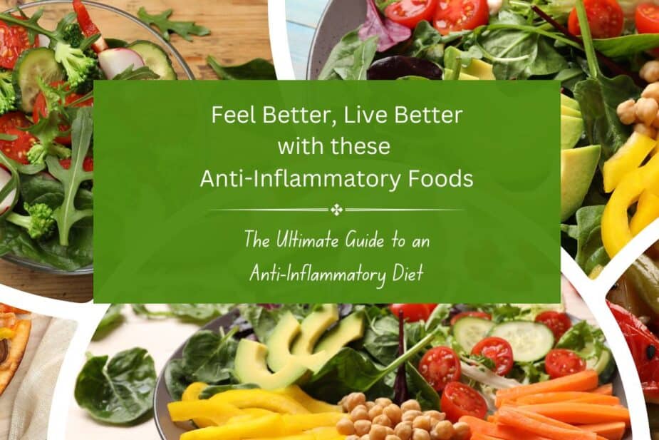 Colorful anti-inflammatory foods on white plates sitting on a brown table