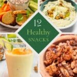 A collage of 4 different healthy snack ideas including a smoothie, nuts, hummus and a tuna snack board.