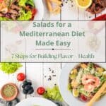 A white picnic table filled with healthy salads and ingredients used to make them. The title "Salads for a Mediterranean Diet Made Easy" is in a banner in the middle over top the image.