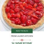 A graham cracker pie crust filled with strawberries with a dish of strawberries in the background along with a sprig of mint. Below the picture is the title, "Summertime Strawberry Pie"
