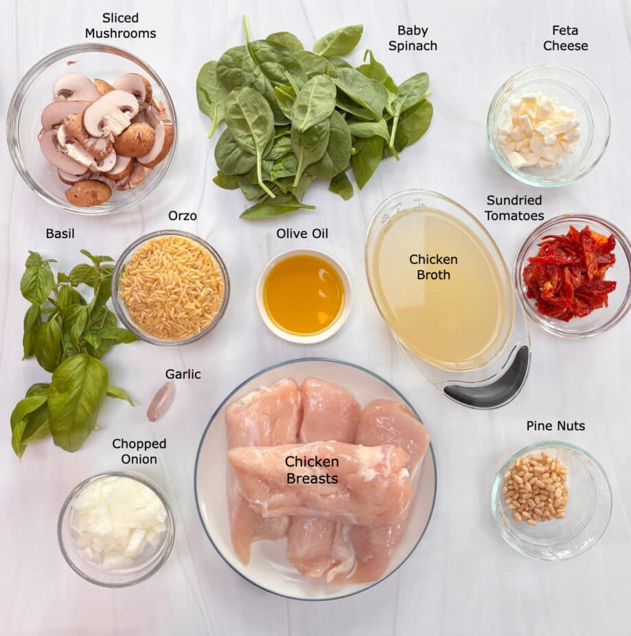 Ingredients to Make the Chicken Orzo with Sundried Tomatoes on a marble counter top.