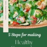 A hearty vegetable casserole in a brown casserole dish with the title "5 steps for making healthy casseroles" below the picture on a green background.