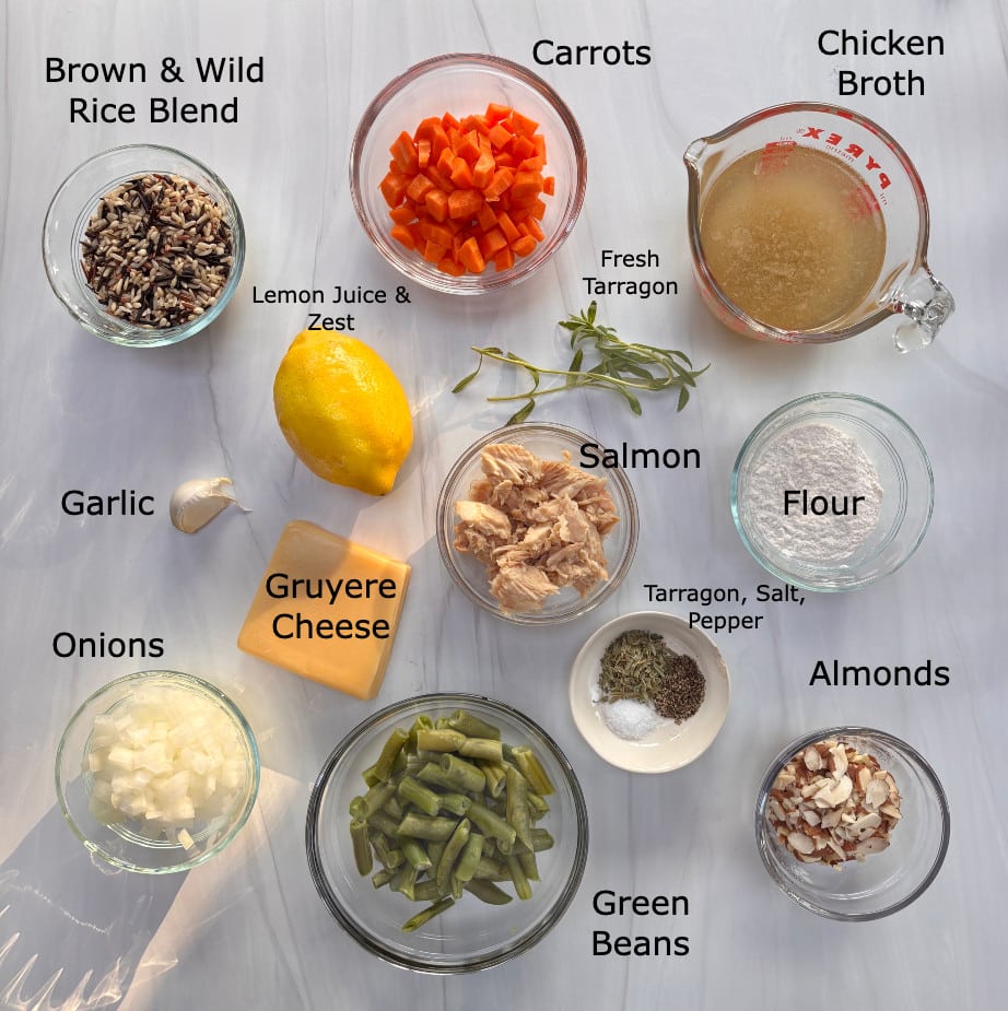 Ingredients used to make the Salmon and Wild rice casserole