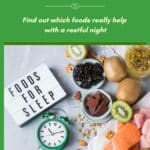 A marble counter filled with foods that help with sleep and a sign that says "Foods for Sleep" next to them.