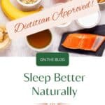 A grey counter with a banana, kiwi cup of tea, salmon steak and milk and almonds with the words "Dietititan Approved" over top.