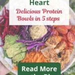 A bowl filled with chicken, avocado, cabbage and other vegetables with the title "Eat with your heart. Delicious protein bowls in 5 steps"