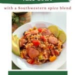 A white bowl filled with Turkey sausage and rice. The title "Fiber-Rich" turkey Rice Bowl is at the top