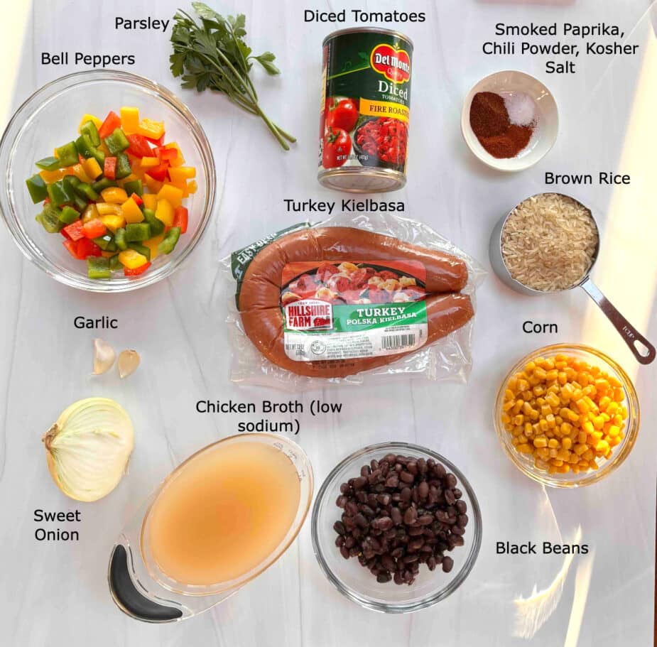 Turkey Sausage Rice Ingredients Ingredients to make the turkey sausage rice bowl on a marble counter