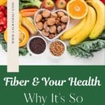 A white background with high fiber foods and a heart shaped bowl of nuts in the center. The title "Fiber and Your Health" is below the picutre on a green background