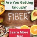 A brown wood background with the word "Fiber" in the center with fiber rich foods surrounding it. Learn more is at the bottom of the picture.