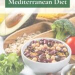 A bowl of beans beside other foods that are a part of the mediterrean diet on a marble counter. "Beans and the Mediterranean Diet" is above the picture.