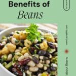 A white bowl of white and black beans with herbs. "A guide to the Health Benefits of Beans" is above the picture