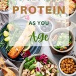 A variety of protein rich foods on a marble counter with the Title: The Best Way to Get More Protein as You Age" over top of the picture