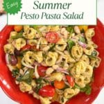 A red bowl filled with tortellini pasta salad with fresh basil and parmesan cheese in the background.