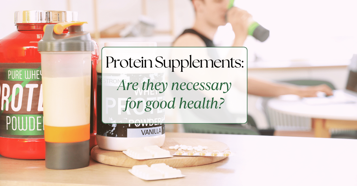 A variety of protein powders and drinks on a counter with a person drinking a shake in the background. The Title "Protein Supplements: Are they necessary for Good Health?" is over the image