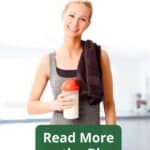 A woman in workout clothes holding a shaker bottle with a protein shake