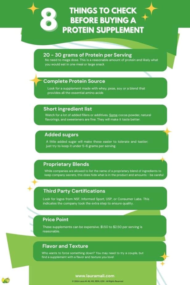 What to look for in a supplement (Pinterest Pin) A list of 8 things to look for in a protein supplement