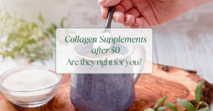 A hand spooning collagen powder into coffe with the title: Collagen Supplements After 50 Are they Right for You over top.