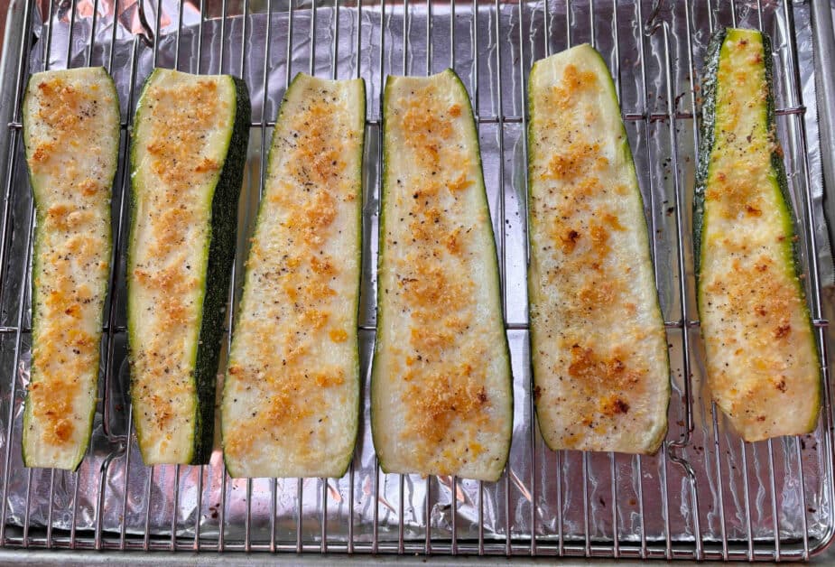 Finished Zucchini on Rack Roasted zucchini strips on a rack right from the oven.