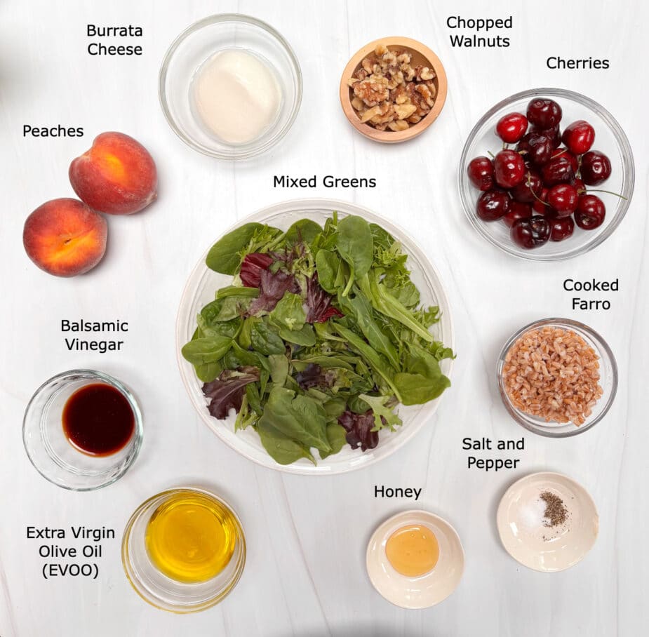 Peach and Burrata Ingredients The ingredients for the peach and burrata salad on a marble counter