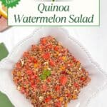 A white bowl filled with a bright quinoa and watermelon salad