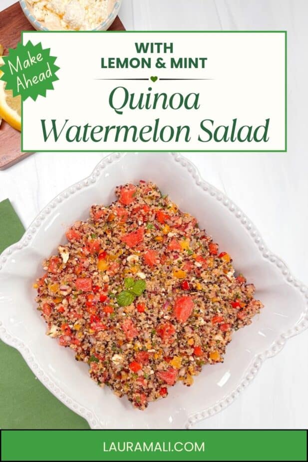 Quinoa Watermelon Salad - Make Ahead A white bowl filled with a bright quinoa and watermelon salad